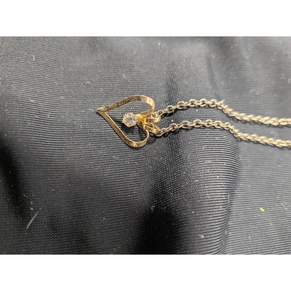 Vintage Gold Tone‎ Open Heart Floating Solitaire Clear Rhinestone Pendant...